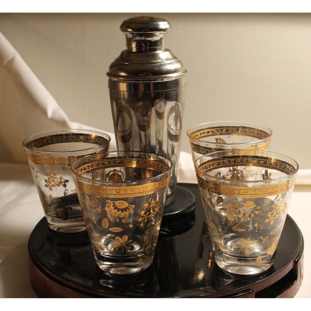 4 MCM Culver Gold Chantilly Double Old-Fashioned glasses, 22Kt floral rims